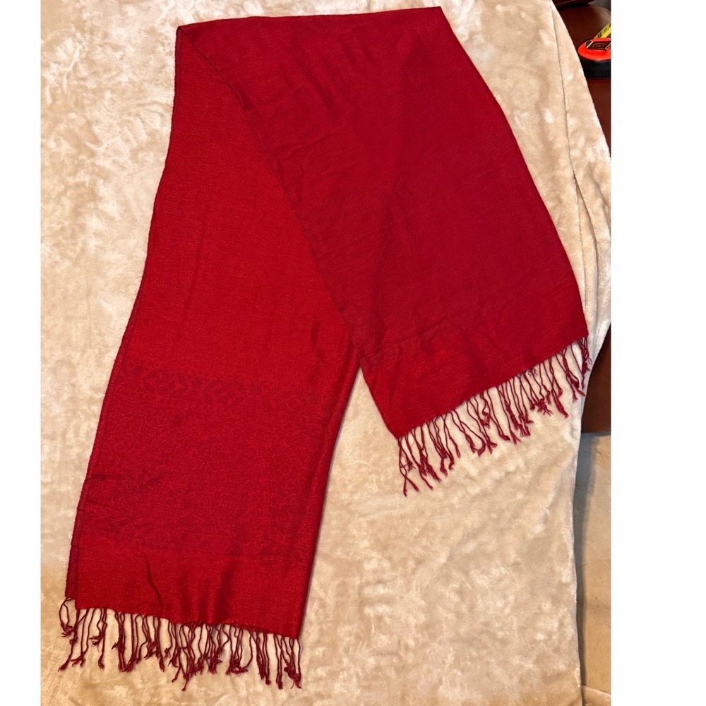 Luxury Deep Red Pashmina Scarf 70% Pashmina 30% Silk Tassel Fringe Elegant Wrap